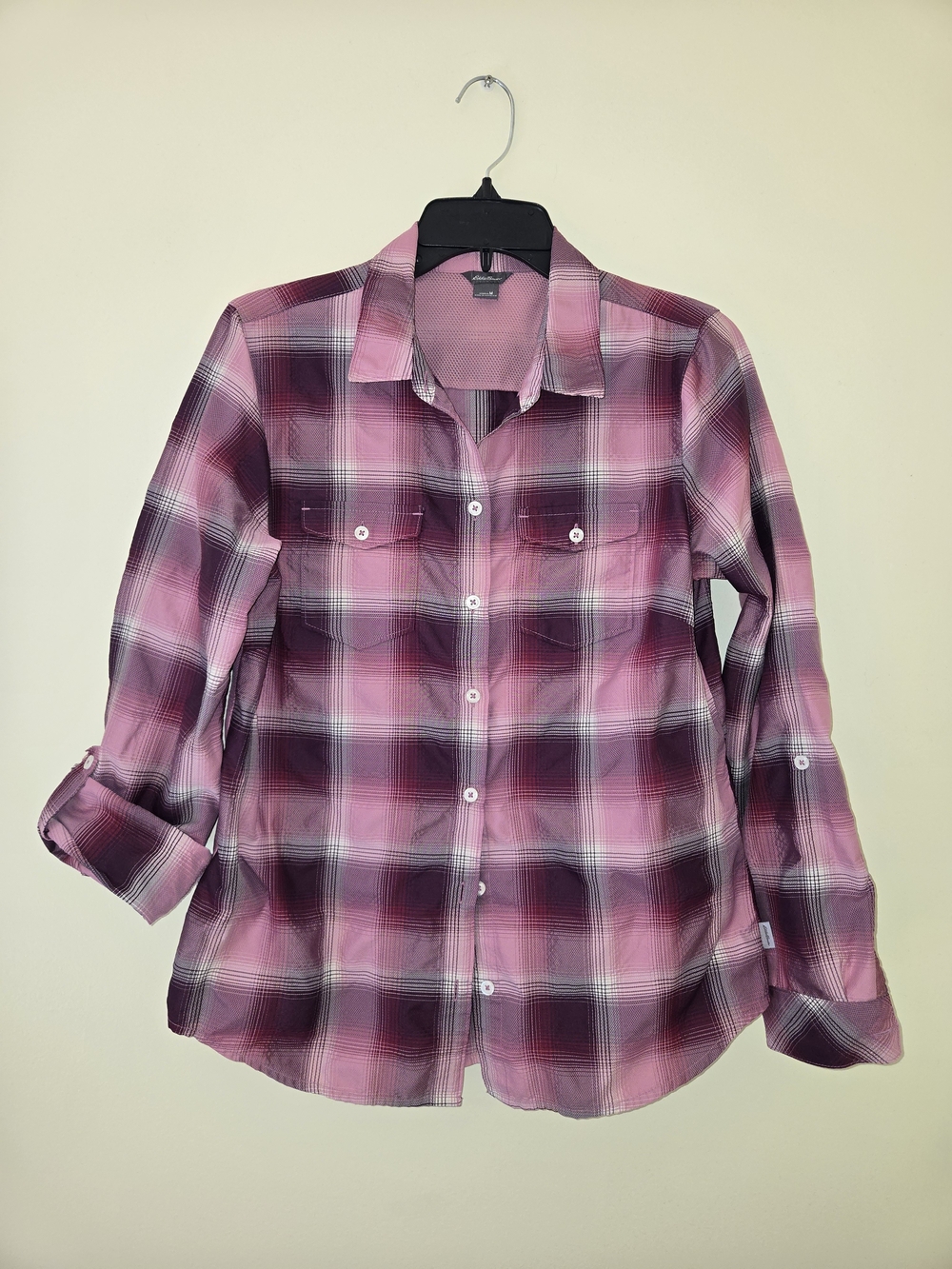 Womens Eddie Bauer Plaid Nylon Button Up Pink And Mauve